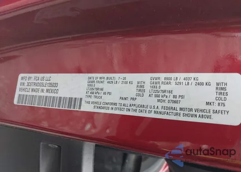 2020 Ram Promaster 2500 High Roof 159 Wb z USA, uszkodzony, nr VIN 3C6TRVDG5LE135033